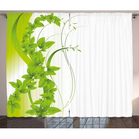 Ambesonne Green Curtains 2 Panel Set, Blooming Fantasy Flora, 108" x 84", Apple Green White