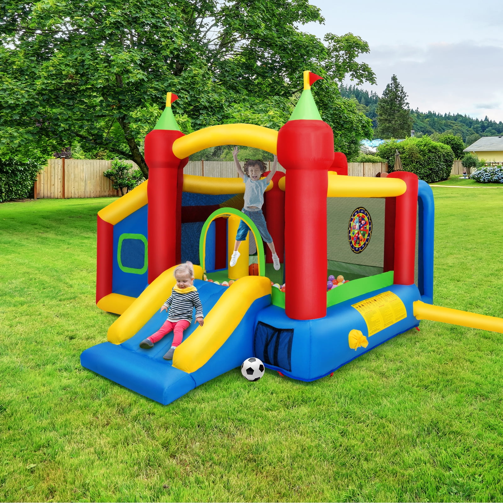 Kids Jump 'n Slide Bouncer w/Basketball Rim with Air Blower Stakes Including Oxford Carrying Bag Repairing Kit Ball Shooting Costzon Inflatable Bounce House 