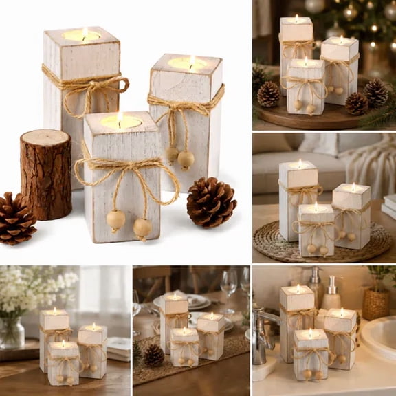 Rustic Flameless LED Candles 3-Pack, LED Candles with Wooden Holders, Batteries Not Included, White Farmhouse Decor for Valentine Party Home Decoration