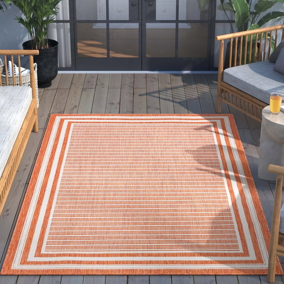Well Woven Indoor/Outdoor Area Rug 7'10" x 9'10" Frankie Orange Striped Border