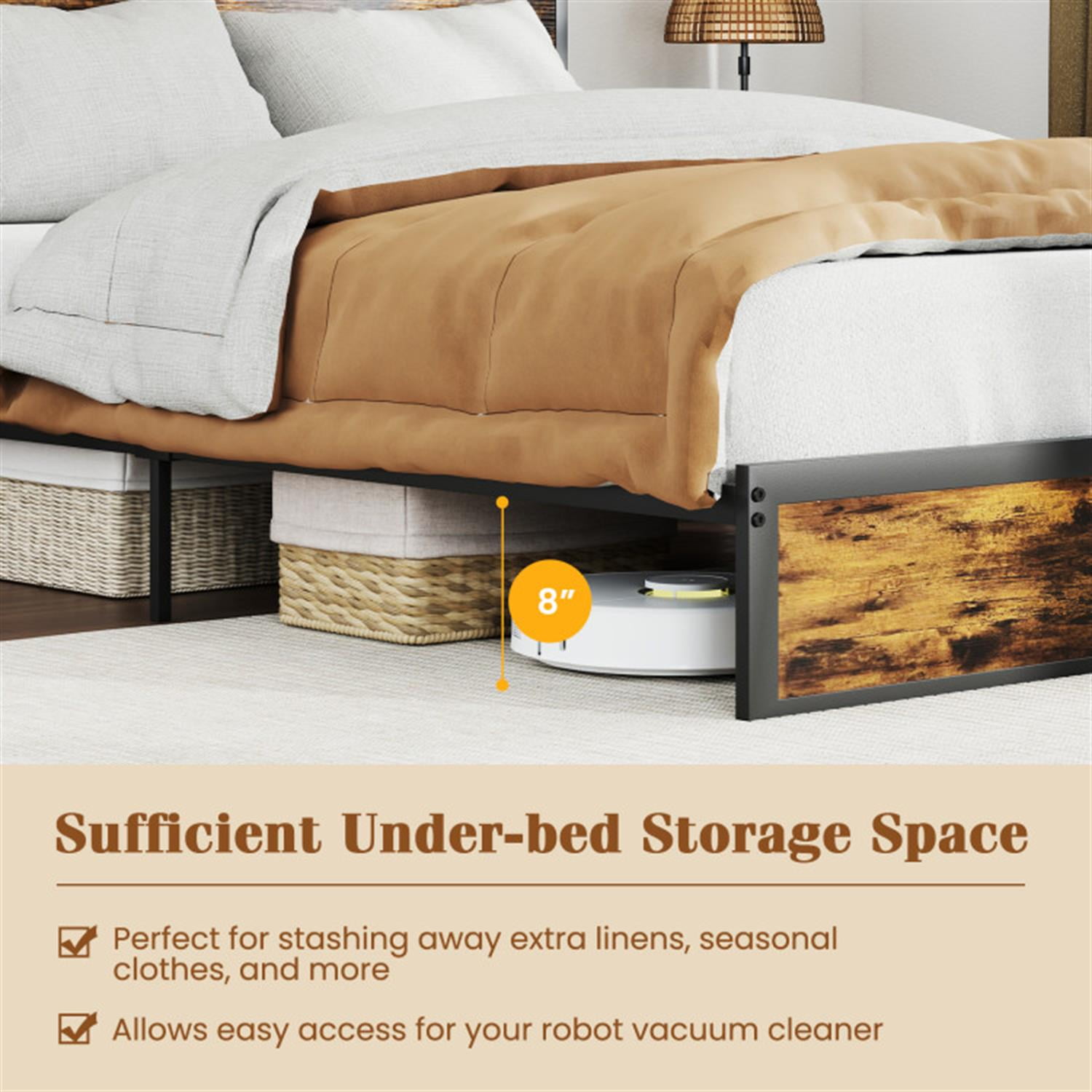 Demi Bonn Queen Size Bed Frame with Wooden Headboard and Footboard, Industrial Metal Platform Bed Frame with Under Bed Storage, No Box Spring Needed, Brown