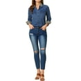 thumbnail image 3 of MODA NOVA Juniors Leopard Button up Long Sleeves Short Denim Shirt with Pockets Light Blue L, 3 of 7