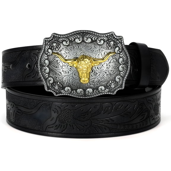 TELOLY Western Belts Cowboy Cowgirl Country Belt Longhorn Bull Buckle Floral Embossed Belt for Jeans Dresses