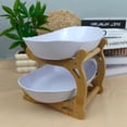 thumbnail image 3 of 2 Tier Ceramic Fruit Bowl With Bamboo Wood, Plastic Storage Basket for Vegetables, Snack & Cake Tray for Home, Party & Wedding, 3 of 4