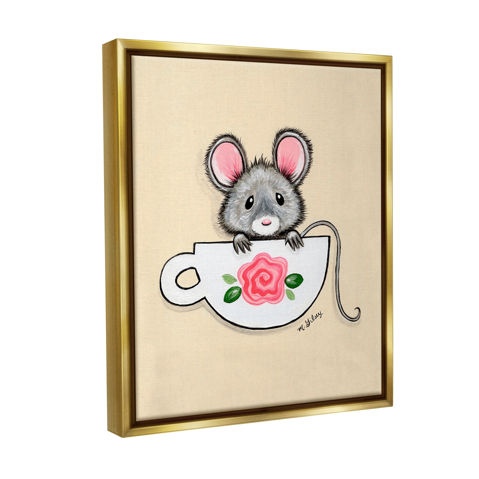 Stupell Industries Mouse in Teacup Animals & Insects Painting Gold Floater Framed Canvas Art Print Wall Art, 25 x 31