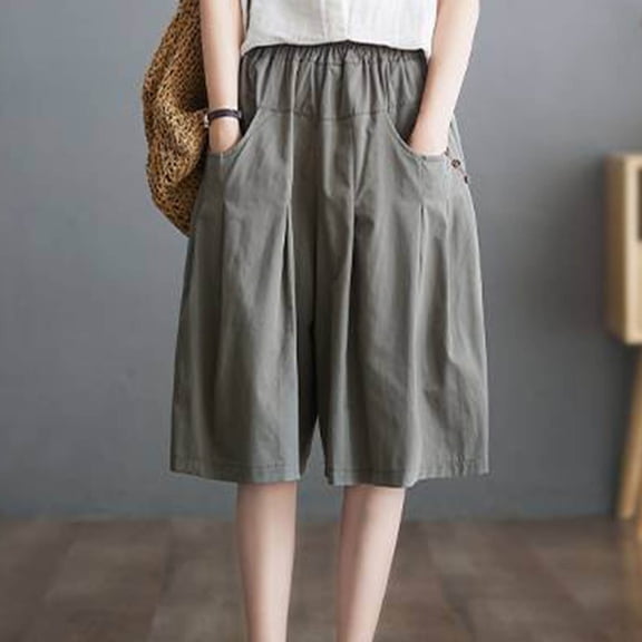 Costeam Womens Cotton Linen Blend Elastic Waist Wide Leg Culottes Casual Loose Cropped Pants with Side Buttons and Pockets Lightweight Solid Color Daily Wear