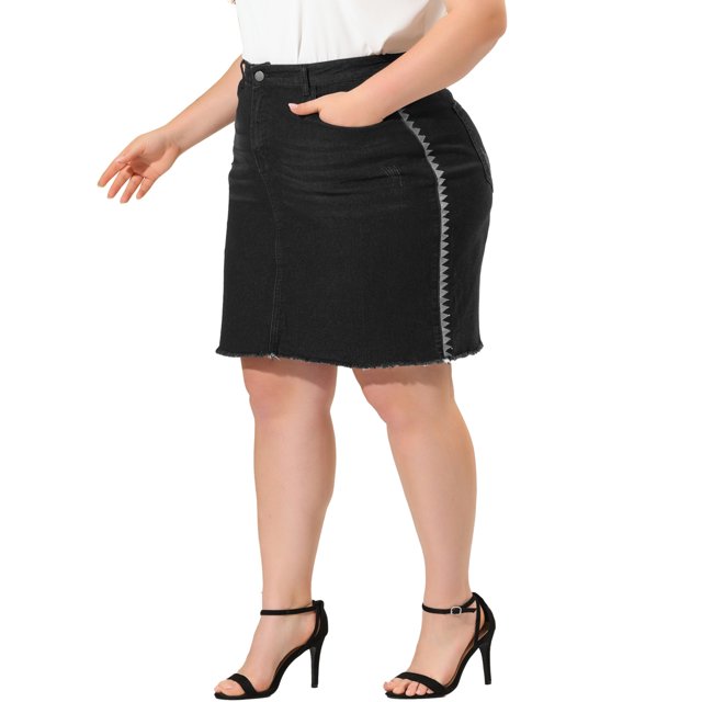 Unique Bargains Women's Plus Size Ripped Embroidered A Line Denim Jean Skirts Black 3X
