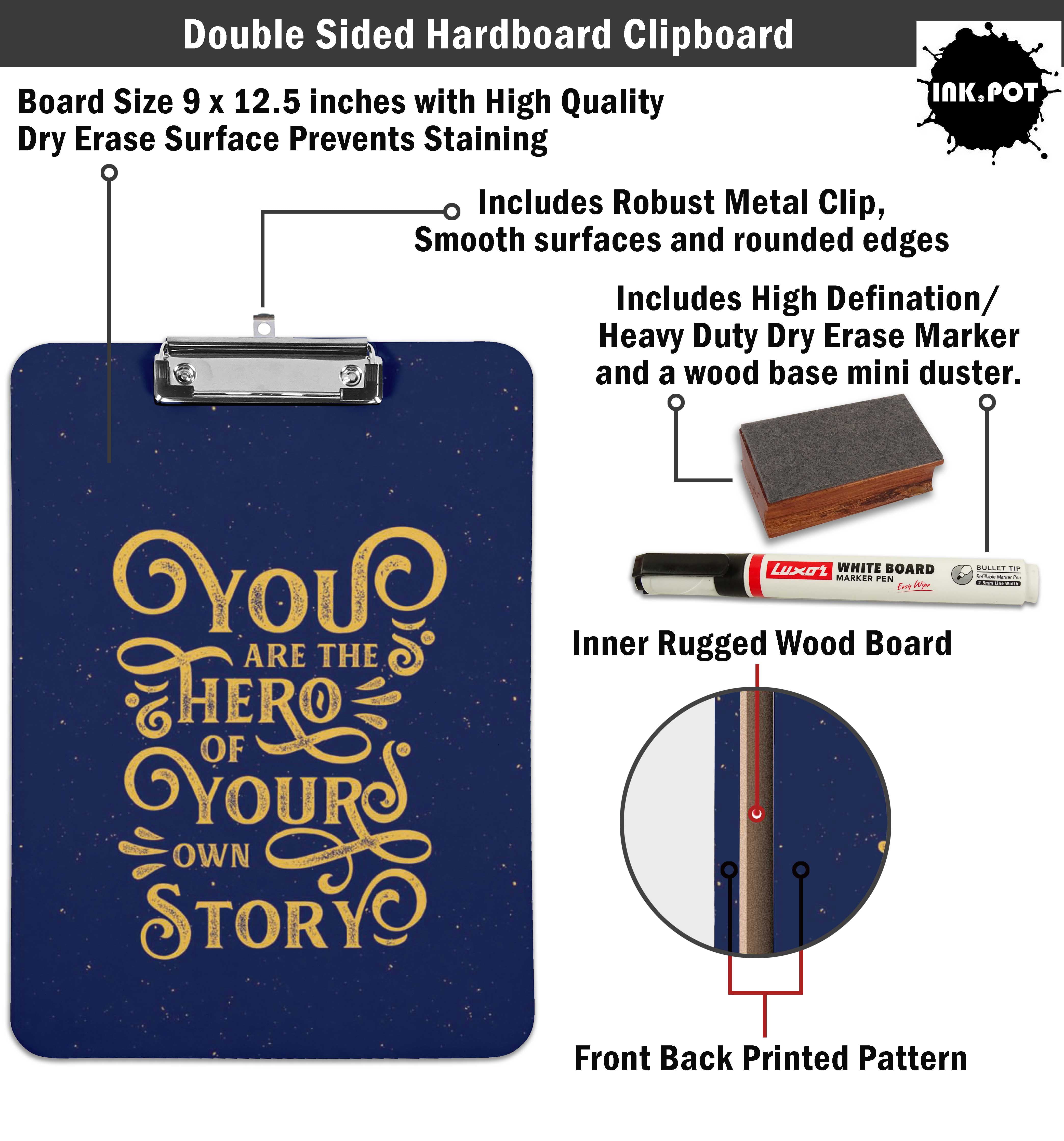 Inkdotpot Dry Erase Double Sided Dry Erase Double Sided Clipboard Letter Size Printed Paperboard Clipboard w/Low Profile Clip 9X15 With Free Marker & Duster