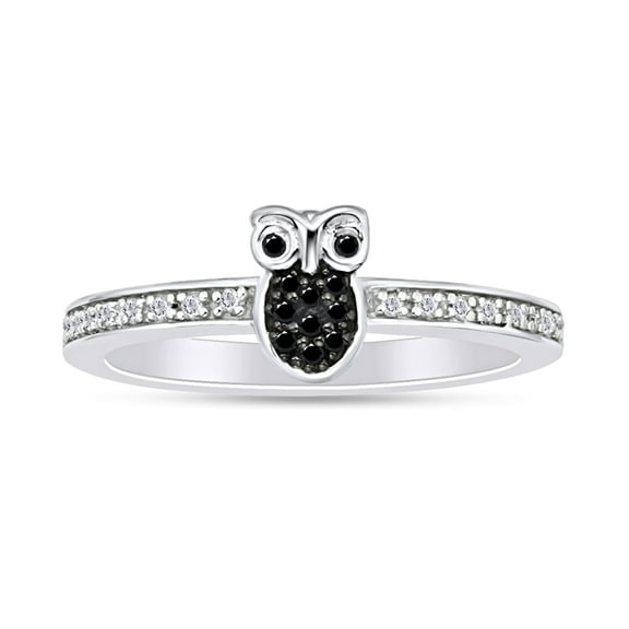 1/10 Carat CTTW Round Cut Black And White Natural Diamond Owl Ring In 14K White Gold Over Sterling Silver (0.10 Cttw, I2-I3 Clarity)