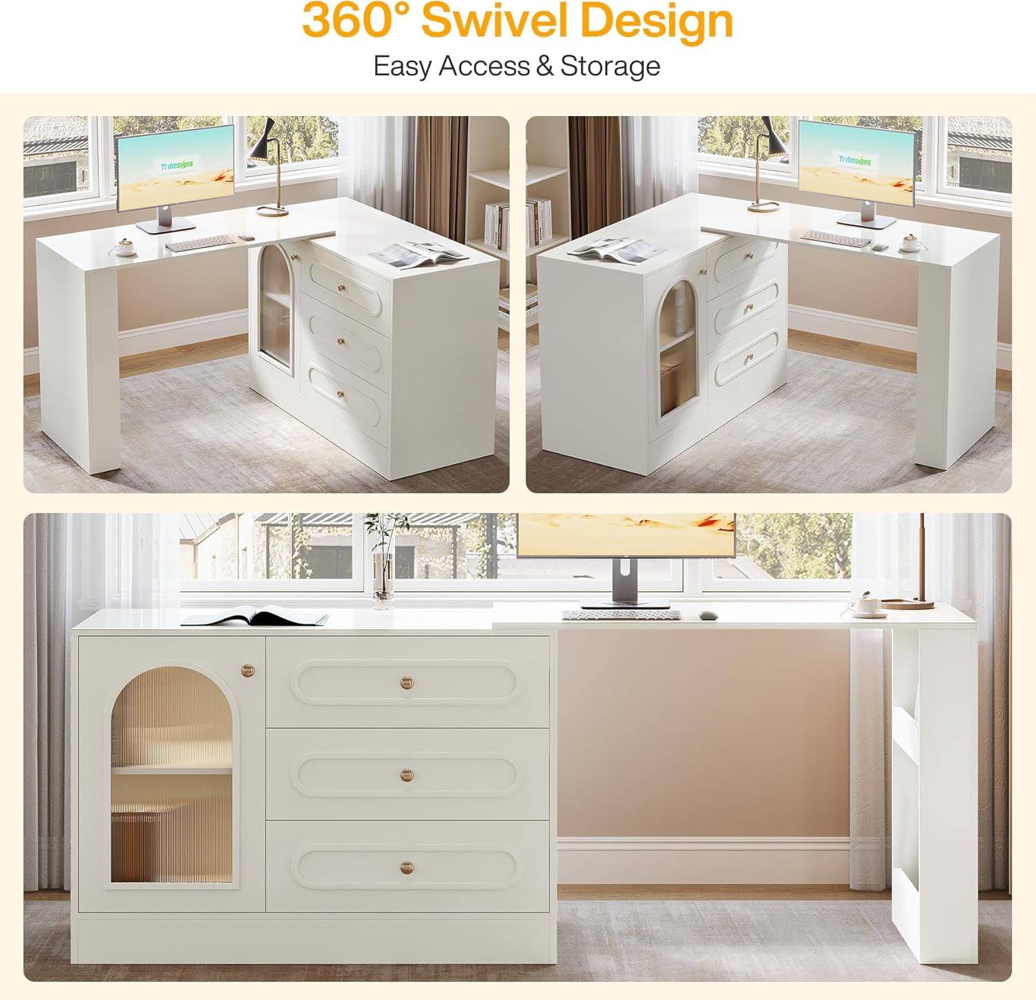 Tribesigns L-Shaped Computer Desk with 3 Drawers, Reversible Corner Desk with Cabinet