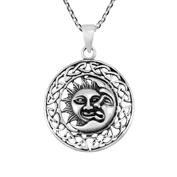 Aeravida Unified Sun and Moon Celtic Knots Frame Medallion Sterling Silver Necklace | Delicate Sterling Silver Necklace for Women,Men | Vintage Long Necklaces for Women | Gift for Women, Daughter