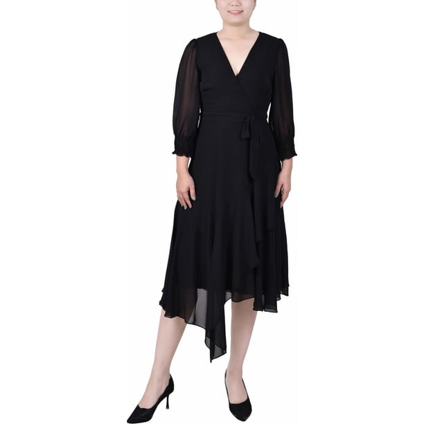 NY Collection Womens Chiffon Belted Handkerchief Hem Flounce Dress, black, Petite, PM