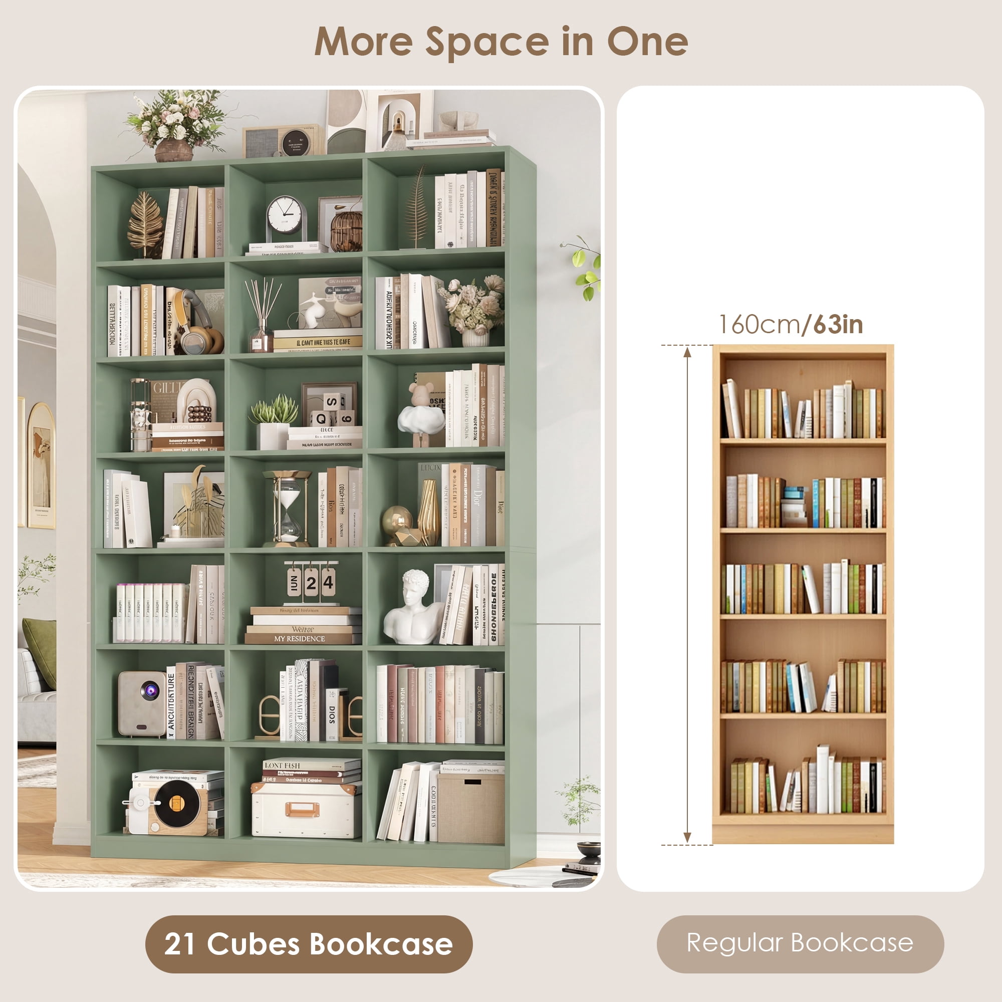 Hiphuta 21-Cube Bookcase, 86"H Tall Wooden Bookshelves for Bedroom, Living Room and Office, Freestanding Display Shelves Cube Organizer, Green