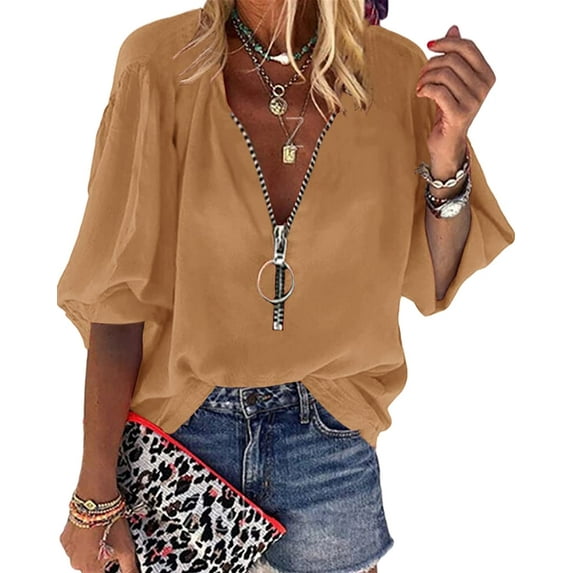 Sherrylily Women V-Neck Lantern Sleeve Shirts Zipper Design Loose Casual Top