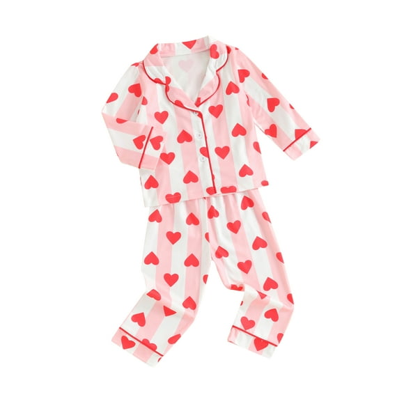 Honganda 1-5Y Kids Girls Valentine Pajamas Sets Striped Heart Print Button Shirt Pants Loungewear Sleepwear