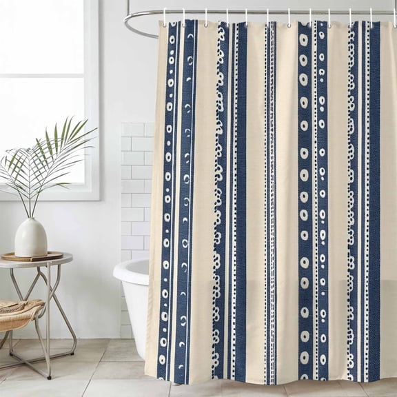 Bathroom Shower Curtain Abstract Geometric Stripe Dot Waterproof Shower Curtains with Hooks, Dark Blue Lines on Beige Bath Curtains Bathtub Curtain Home Decor 36x72in