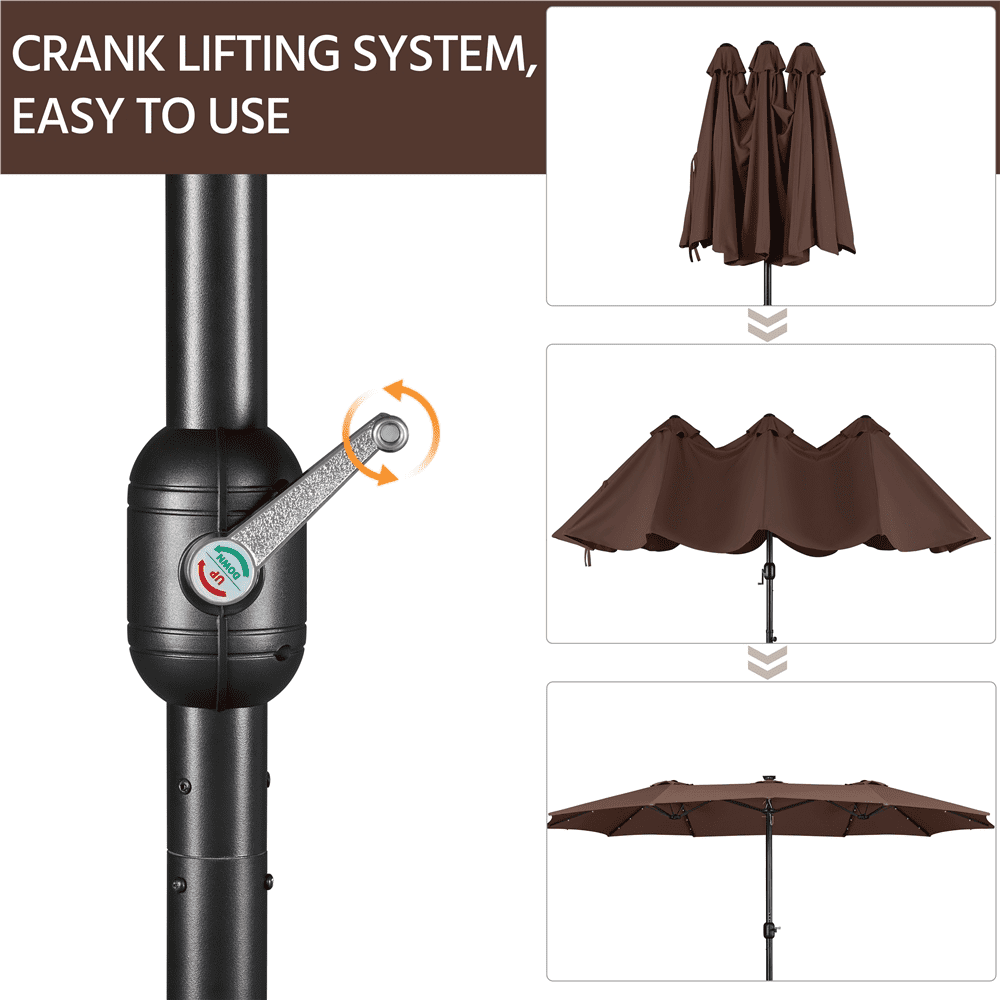 Renwick 15 ft Twin Patio Parasol Umbrella with Base & LED Lights, Brown