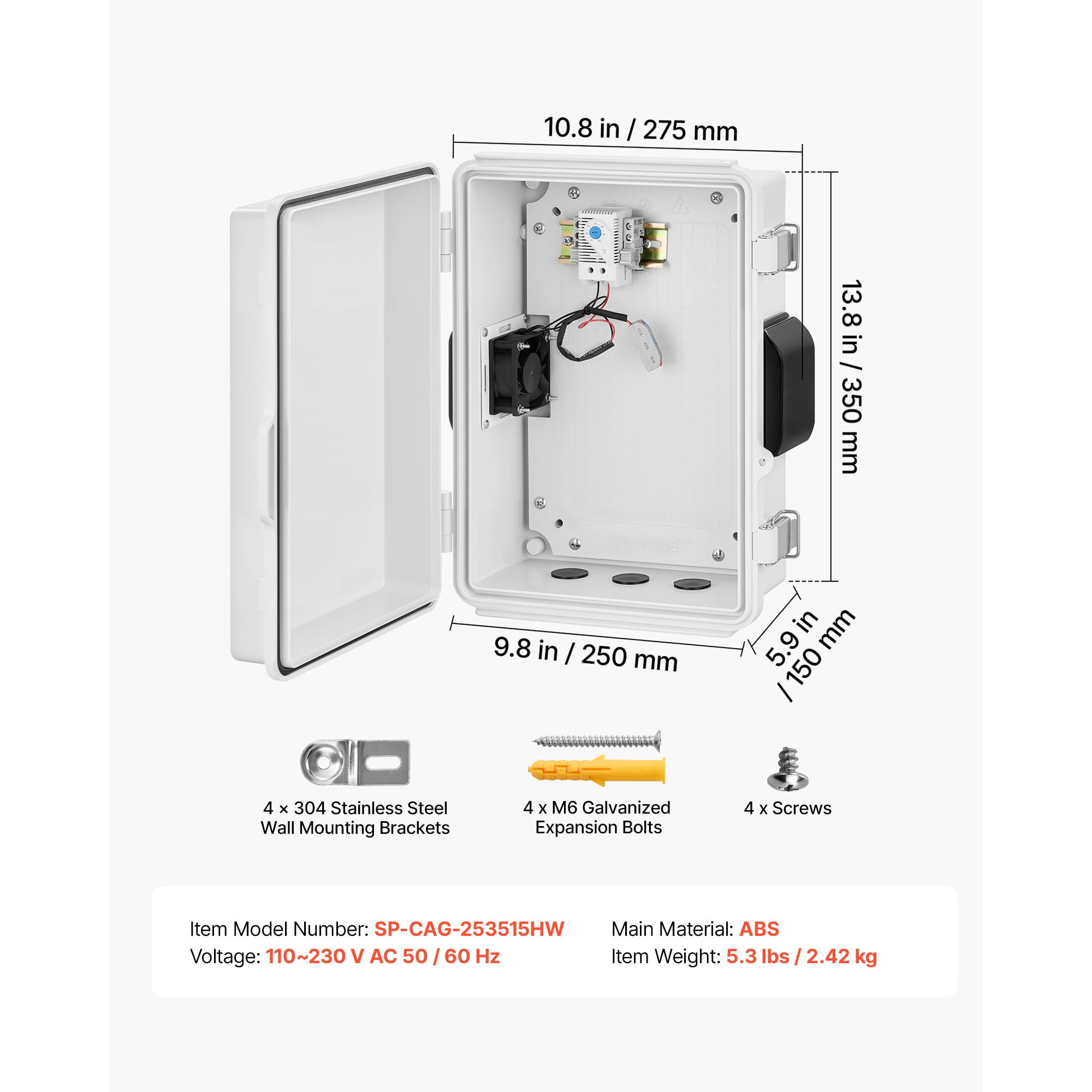 KFFKFF Outdoor Electrical Enclosure, ABS Material, Weatherproof Junction Box with Built-in Thermostat and Fan, Mounting Plate, Cable Seals, Ventilated Design, 14.2 x 10.8 x 5.9 in, IP65 Rated