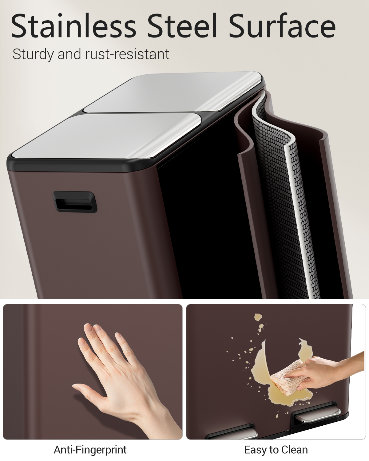 TLSUNNY 16 Gal Dual Compartment Trash Can, Step Pedal Recycling Bin w/ 2 Soft-Close Lids and 2 Odor Control Box, for Kitchen Use