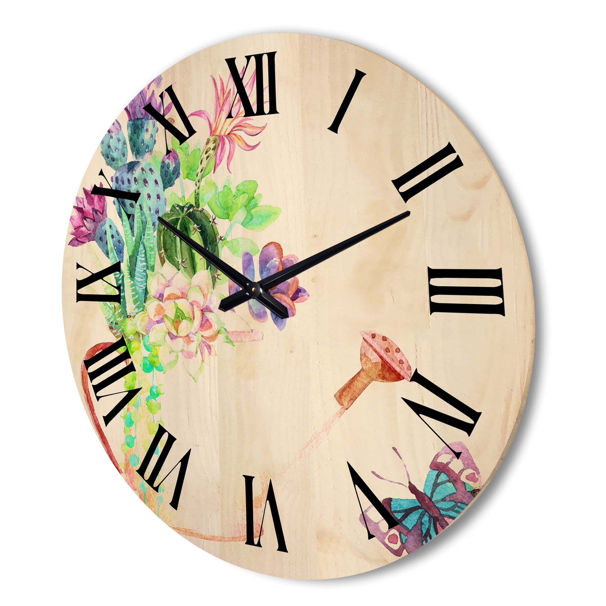 Designart 'Succulents In Old Watering Can With Butterfly' Farmhouse Wood Wall Clock