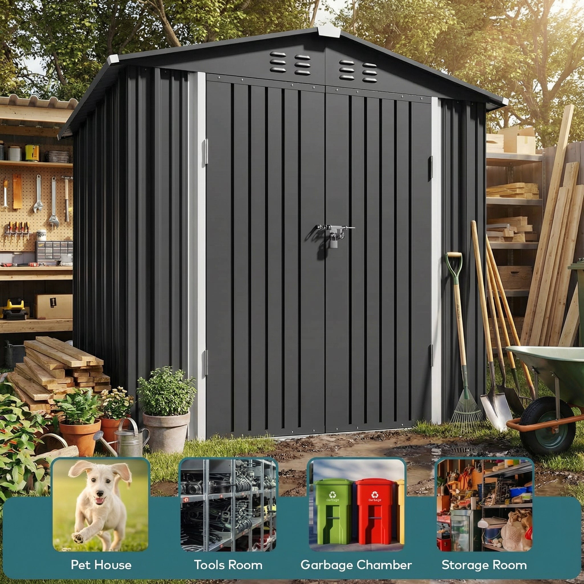 6' x 4' Outdoor Storage Shed, Weather-Resistant Iron Garden Shed with Lockable Double Doors for Backyard/Patio/Lawn, Gray