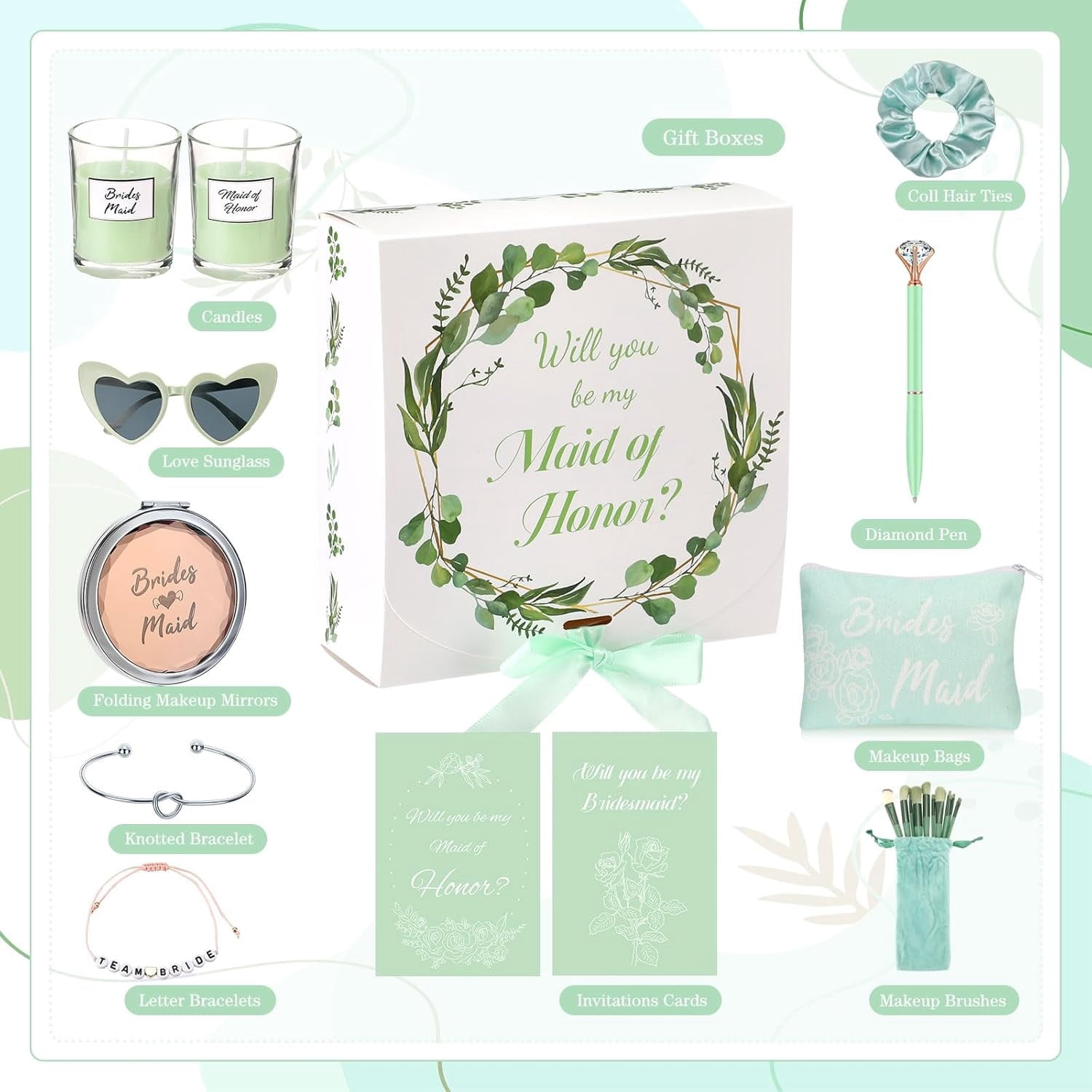 88 Pcs Bridesmaid Proposal Gifts Bridesmaid Box Set Maid of Honor Gift Include Box Candle Invited Cards Scrunchies Hair Elastics Ties Knotted Bracelets Diamond Pens