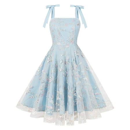 IBTOM CASTLE Women's Tie Strap Tulle Prom Dress Sweetheart Flower Embroidery Formal Party Mini Homecoming Dresses L Blue