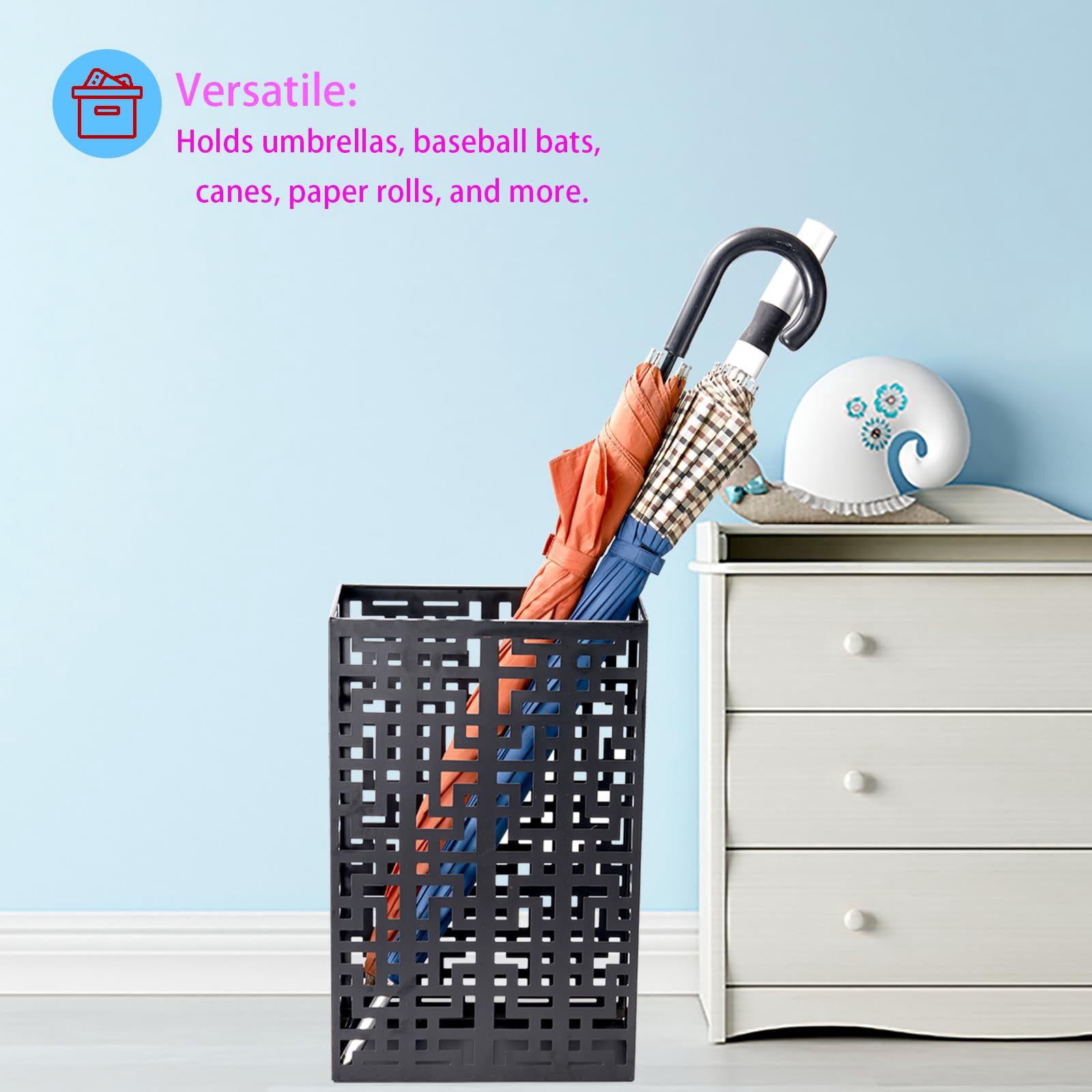 Umbrella Stand Rack For Entryway  Hollow Metal Holder Freestanding Storage Bin Long Holds 6-7 Black