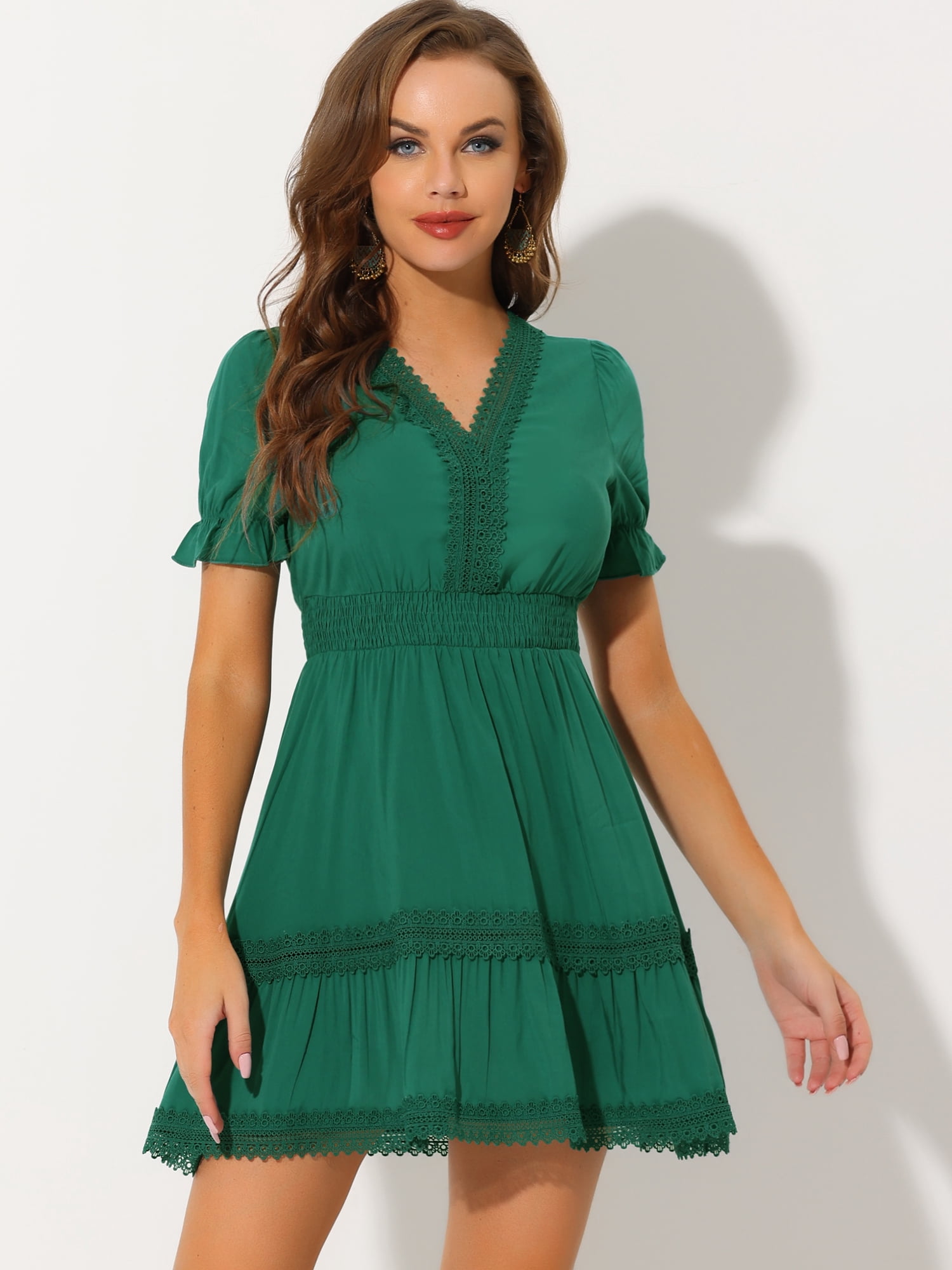 DARING DIVA V Neck Smocked Elastic Waist Short Sleeve Mini Dress S Lake Green