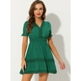 thumbnail image 2 of Mini vestido sólido de manga corta con cuello en V y cintura elástica para mujer lago verde S, 2 of 5