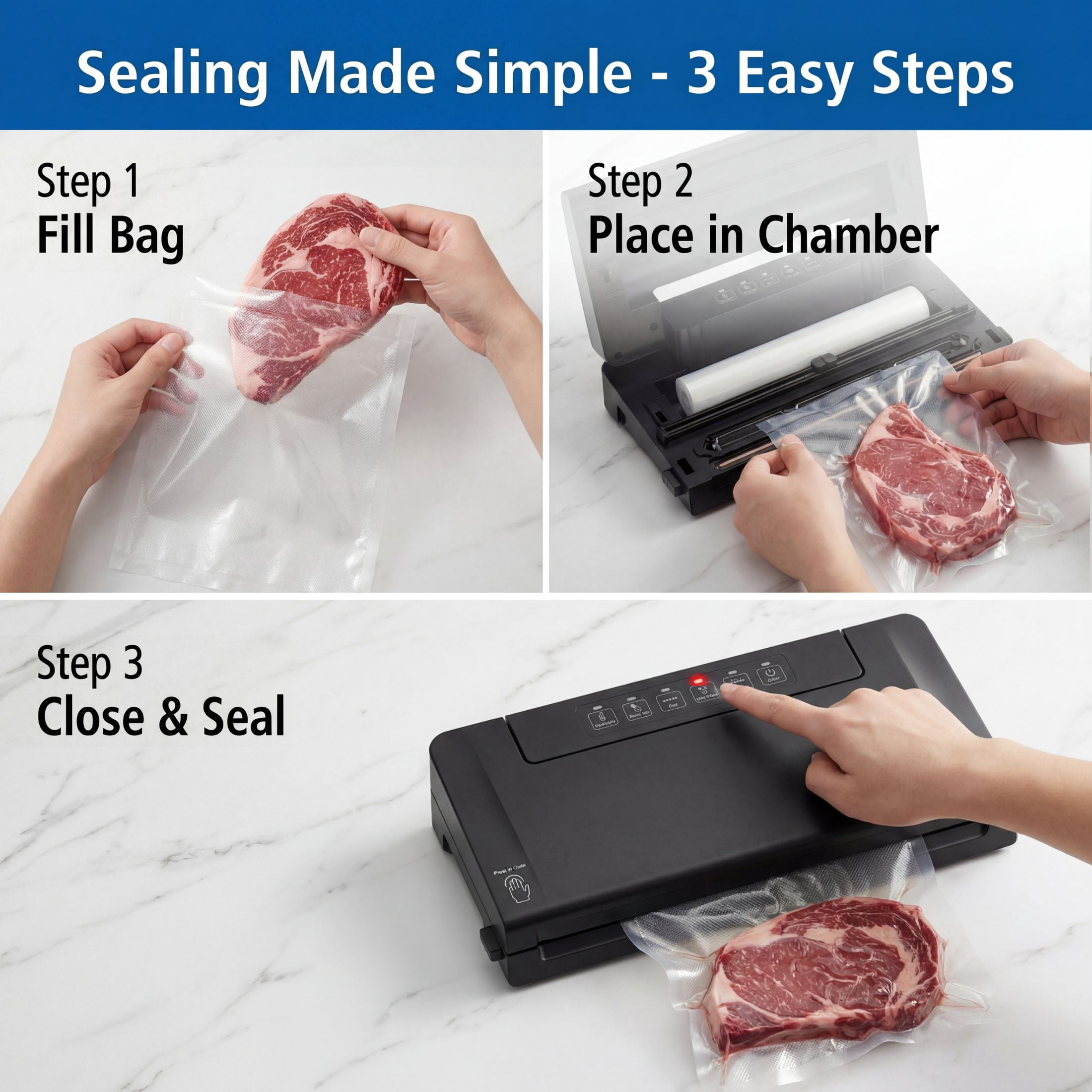 Mainstays Food Vacuum Sealer Machine, Powerful Multi-Mode Food Sealer With Built-In Bag Cutter & Storage, Accessory Port for Jars/Canisters, Includes (1) 11 in Roll, For Meal Prep & Freezer Storage