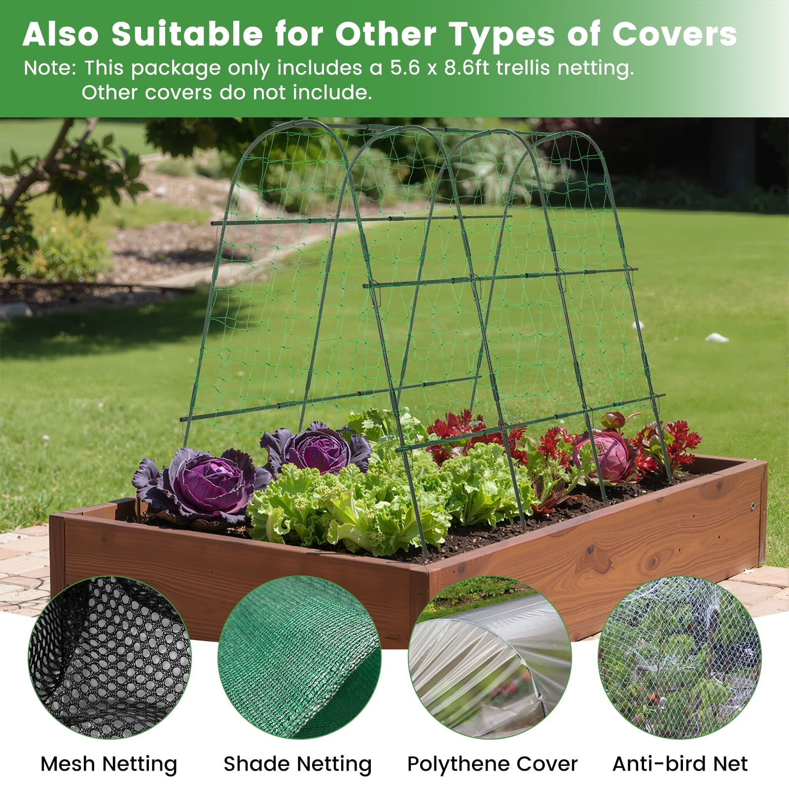 BEAMNOVA Garden Arch Trellis for Climbing Plants, 48"x63" Plants Support Trellis with Netting Kits for Outdoor Vegetable Fruits Flowers, Vine, Grape, Cucumber Climbing