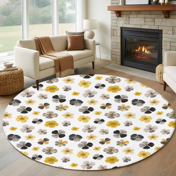 Yellow Grey Floral Round Rug 5ft Washable Circle Kitchen Rugs Non Slip Abstract Art Farmhouse Flowers Large Area Rug Indoor Floor Carpet for Bedroom Living Room Home Office Dining Room Nursery