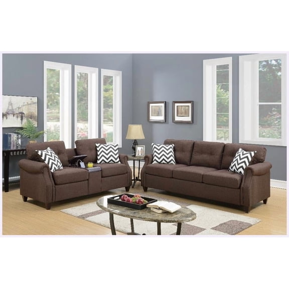 Dark Coffee 2-Piece Polyfiber Sofa & Loveseat Set with USB Console & Pillows for Living Room