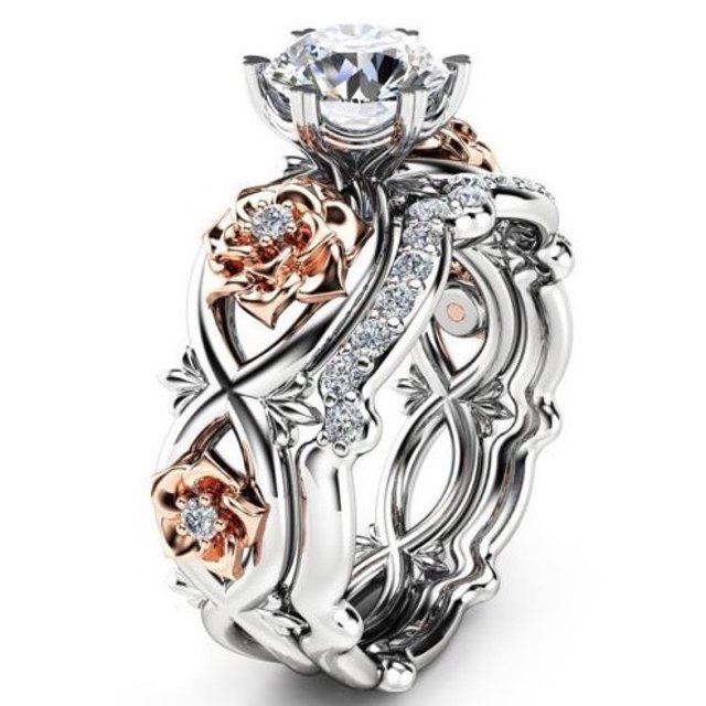 Conjunto de dos piezas de anillo con gemas de cristal de dos colores y diamantes Pomoko