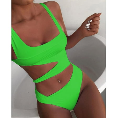 

Finelylove One Piece Swimsuit Tummy Concealing Sport Bra Style Bikini Green S