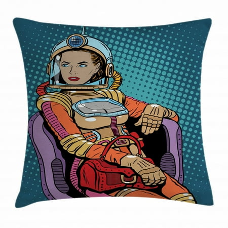 Astronaut Throw Pillow Cushion Cover, Retro Inspired Space Lady with Purse on a Chair Girl Power Womens Day, Decorative Square Accent Pillow Case, 20 X 20 Inches, Petrol Blue Multicolor, by Ambesonne