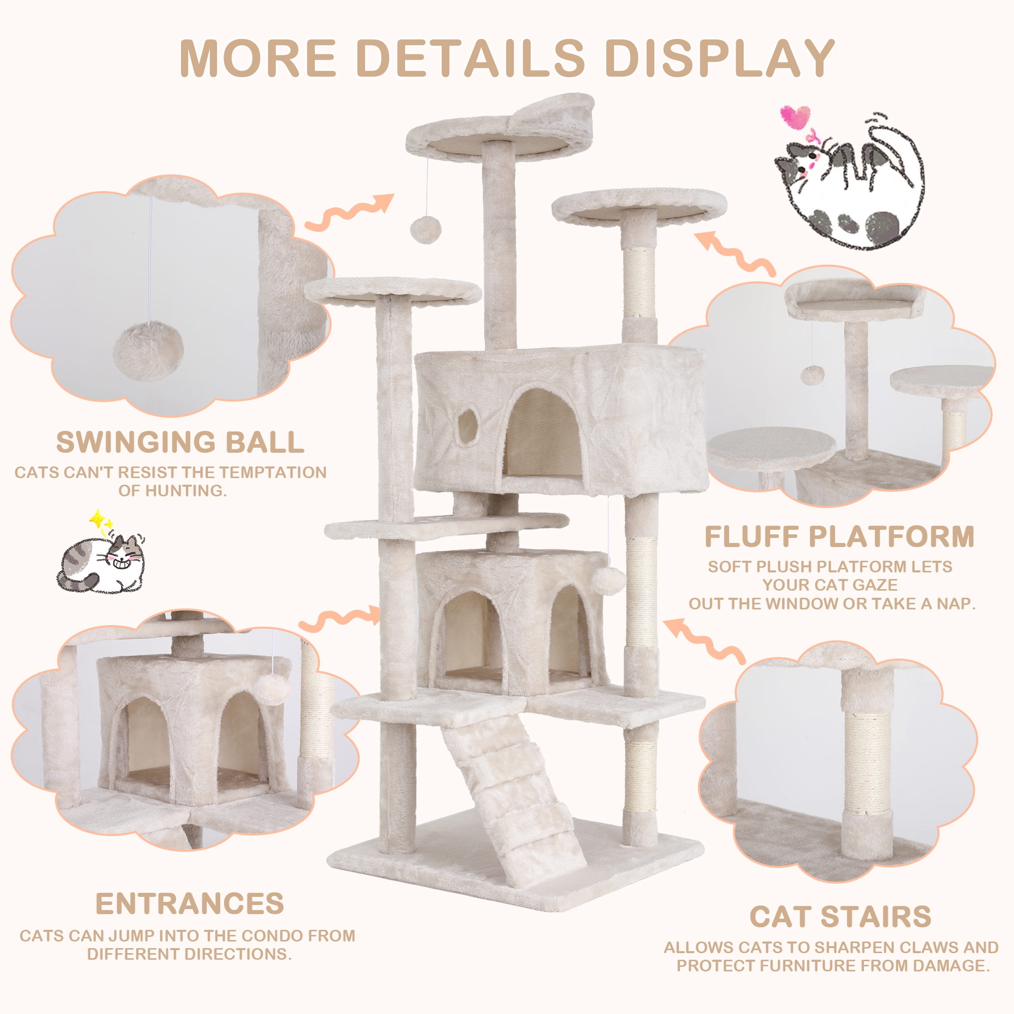 CL.HPAHKL 54in Cat Tree Tower, Multi-Level Cat Tower Furniture Activity Center with Platform Scratching Posts Stand House Condo and Toy, Cat Condos for Indoor Cats Kitten Activity Relaxing, Beige