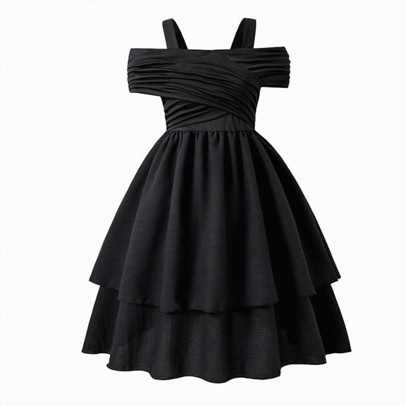 JUMEYU Dress Kids Dresses Flower Girls Asymmetrical with Ruffles Sleveless Swing Party Gowns A-Line Dress Size 7-8 (Black,7-8 Years)