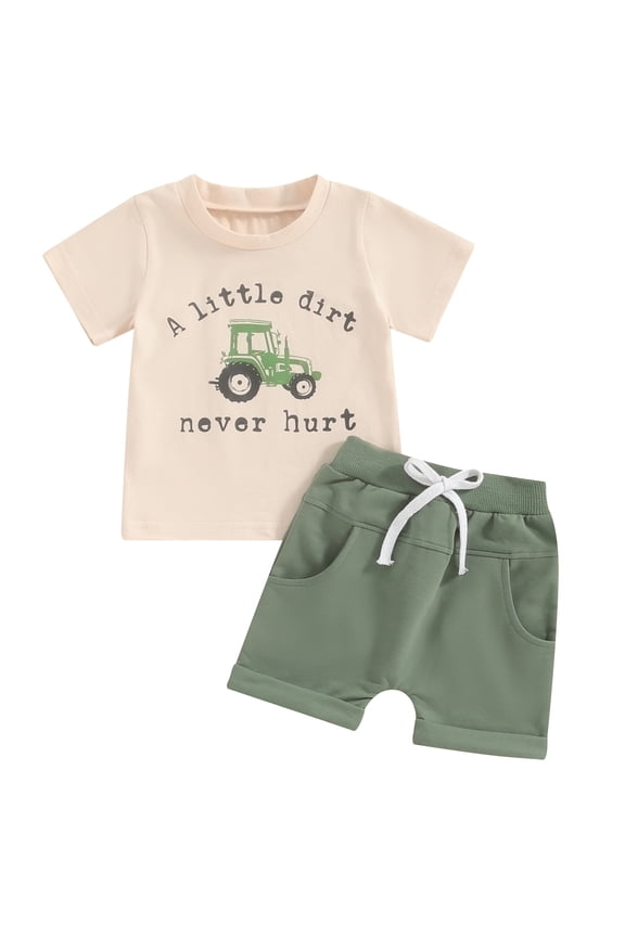 Toddler Kids Boy Shorts Clothing Set 0 6 12 18 24 Months 2T 3T 4T Letter Tractor Print Short Sleeve Round Neck T-Shirt with Solid Shorts 2Pcs Outfit