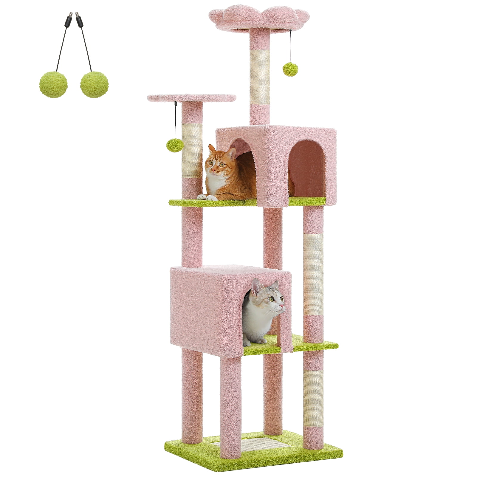 Kadyn 62" Modern Cat Tree Tower for Indoor Cats with Scratching Posts, Cozy Cat Condo and Top Perch, Dangling Ball for Small Medium, Pink