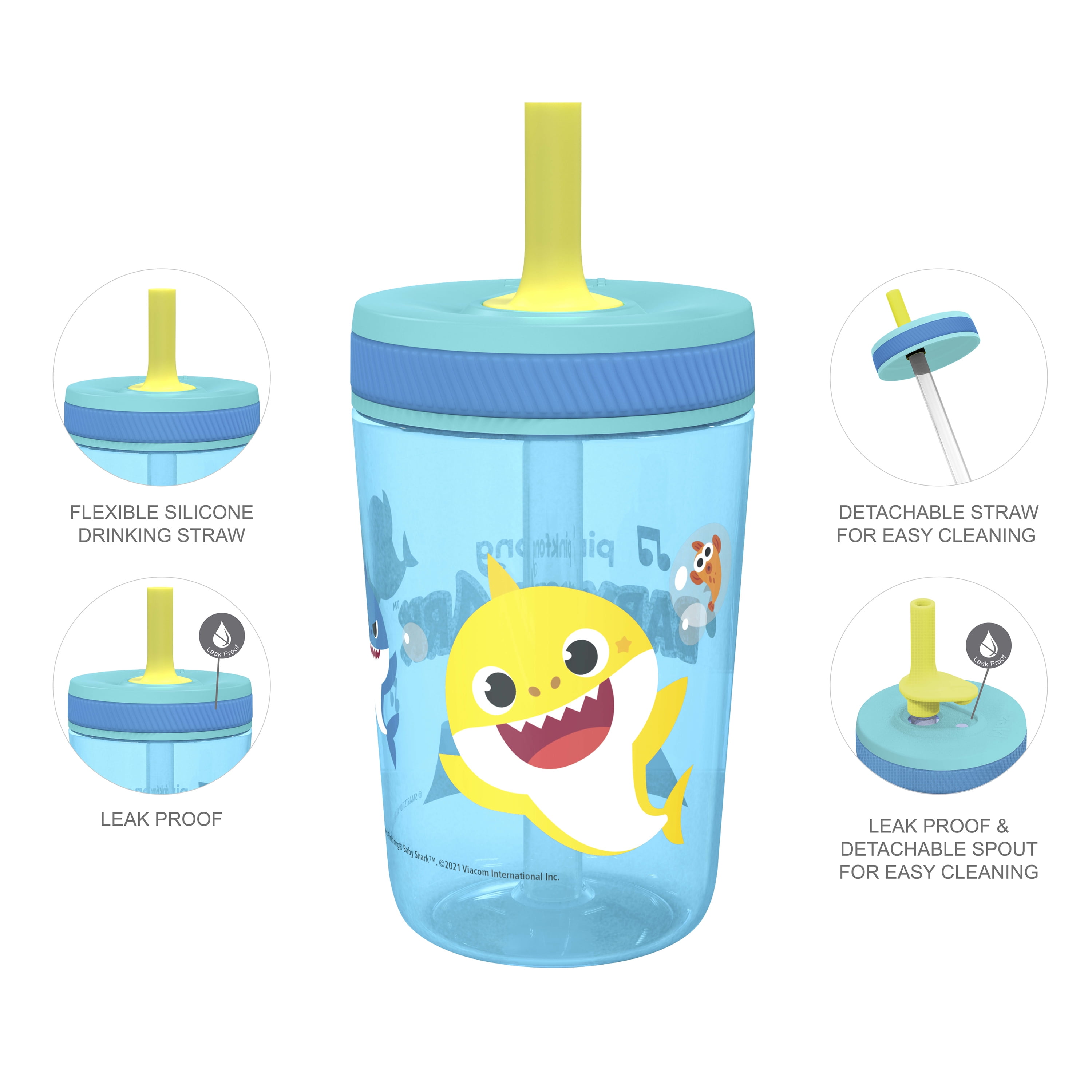 Zak Designs 15oz Baby Shark Kelso Travel Straw Tumbler Plastic and Silicone with Leak-Proof Valve for Kids, 2pcs Set, Baby Shark