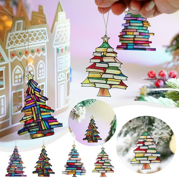 BETTERLIFE Christmas Book Tree Suncatcher Ornament, Book Themed Present Stained Artsy L4E0