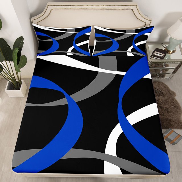 Erosebridal Blue Striped Fitted Sheet Full, Abstract Fitted Sheet Set Full, Modern Geometric Decor 3 Pieces(No Top Sheet)