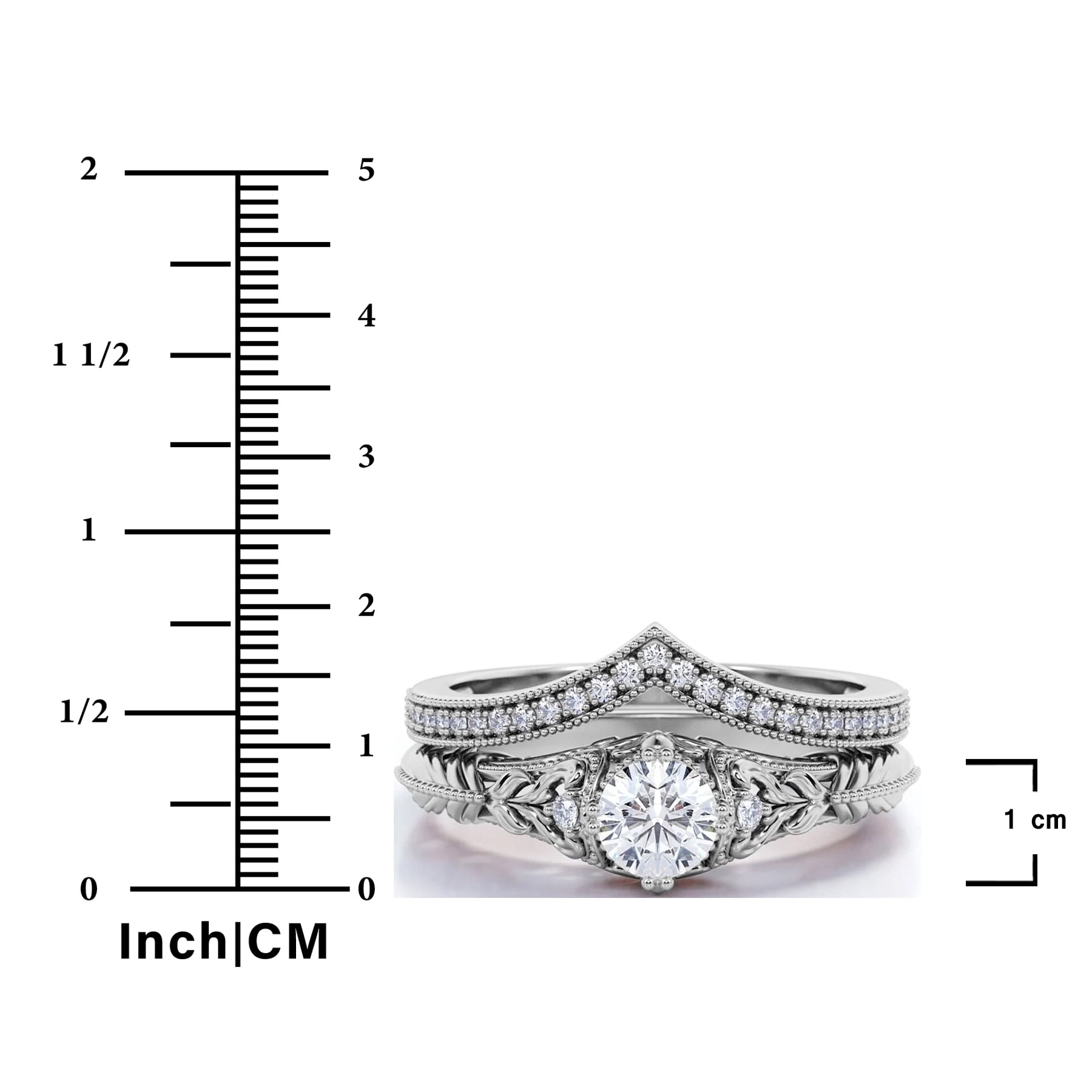 JeenMata Engraved 0.75 Carat Round Cut Lab Grown Diamond Victorian-Inspired Wedding Ring Set with Chevron Wedding Band in 10k Black Gold