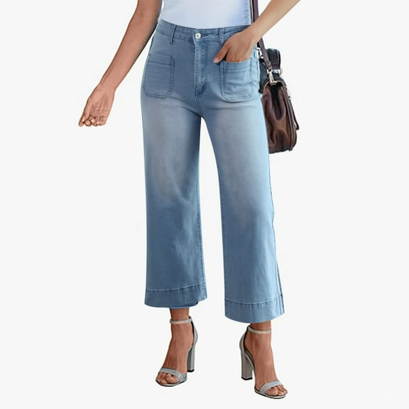 Women's Fashion Wide Leg High Waist Flared Jeans with Patch Pockets for a Look
