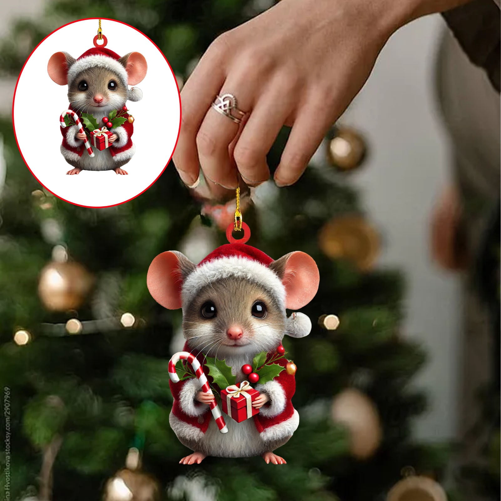 Cute Christmas Mouse Decorations,2D Flat Acrylic Hanging Christmas Tree Ornaments,Xmas Keepsake Pendant for Pet Lovers,Car Rear View Mirror Accessories,Xmas,Acrylic Mouse Pendant(2Pc)