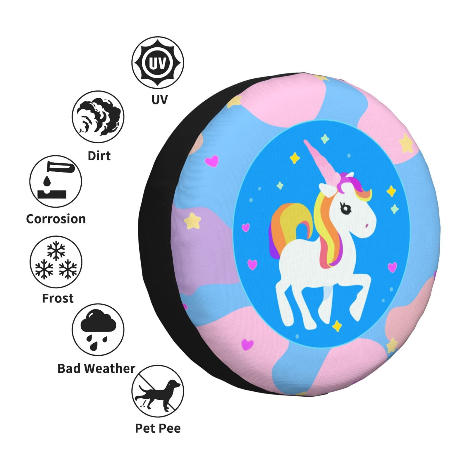 DouZhe Waterproof Spare Tire Cover, Cute Cartoon Sparkle Stars Unicorn  Prints Adjustable Wheel Covers Fit for Jeep Trailer RV SUV Car, 16 inch 