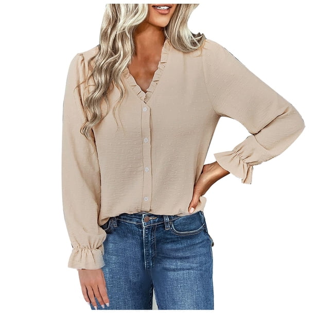Tops sólidos de manga larga de ocio con cuello en V de verano a la moda para mujer Fridja czfsfas4805