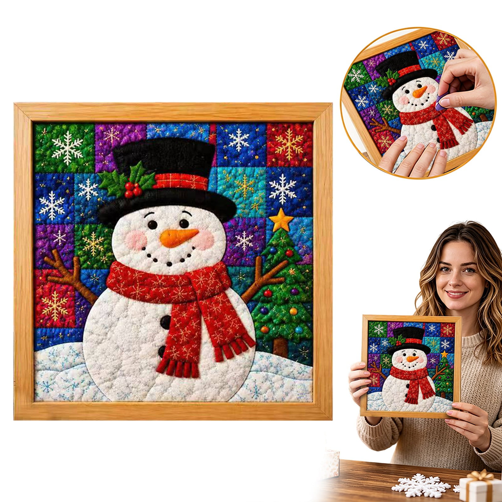 Christmas DIY Quilt Art Kit Holiday Fabric Sewing Project Set Festive Patchwork Craft Kit for Seasonal Wall Hanging Decor Christmas Themed Hand‑Making Craft Supplies (No Cutting Tools) Snowman